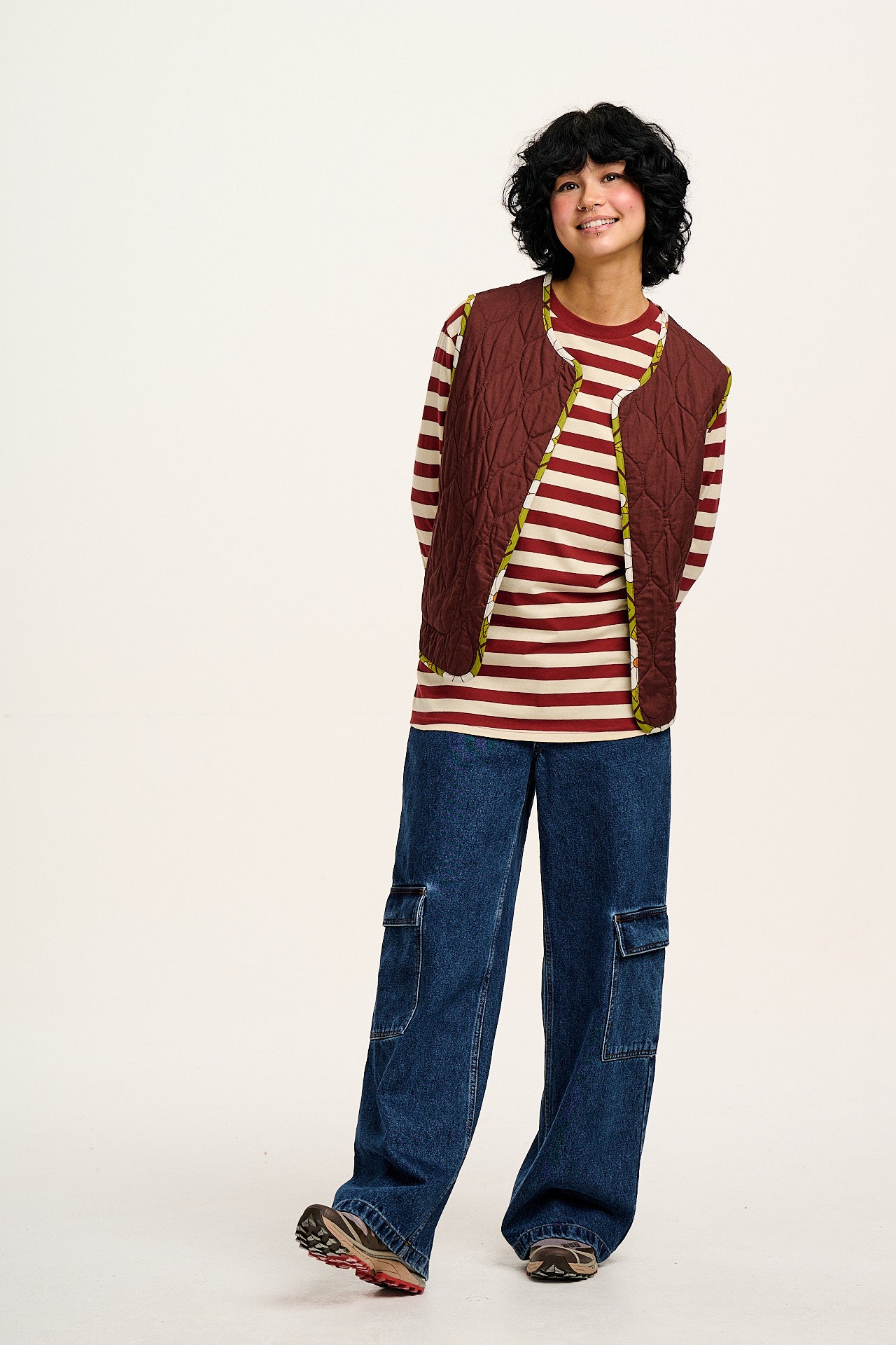 Kenny - Long Sleeve Skater Cotton Tee in Maroon & Ecru Stripe