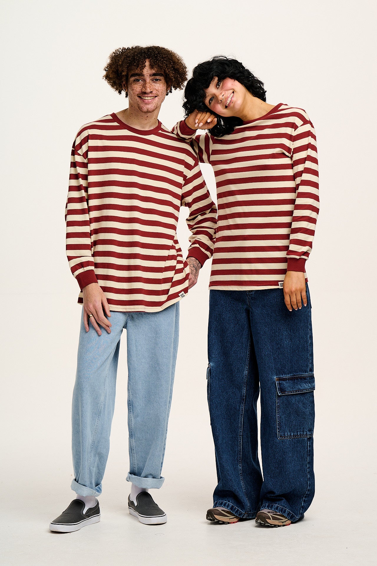 Kenny - Long Sleeve Skater Cotton Tee in Maroon & Ecru Stripe