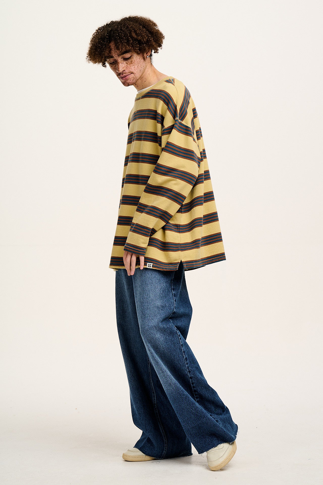 Kai - Midweight Cosy Loop Back Cotton Sweatshirt in Brown & Blue Skater Stripe