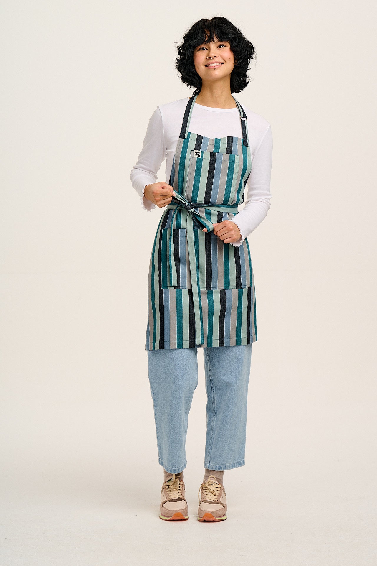 Ada - Cotton Apron in Herringbone Blue Stripe Print