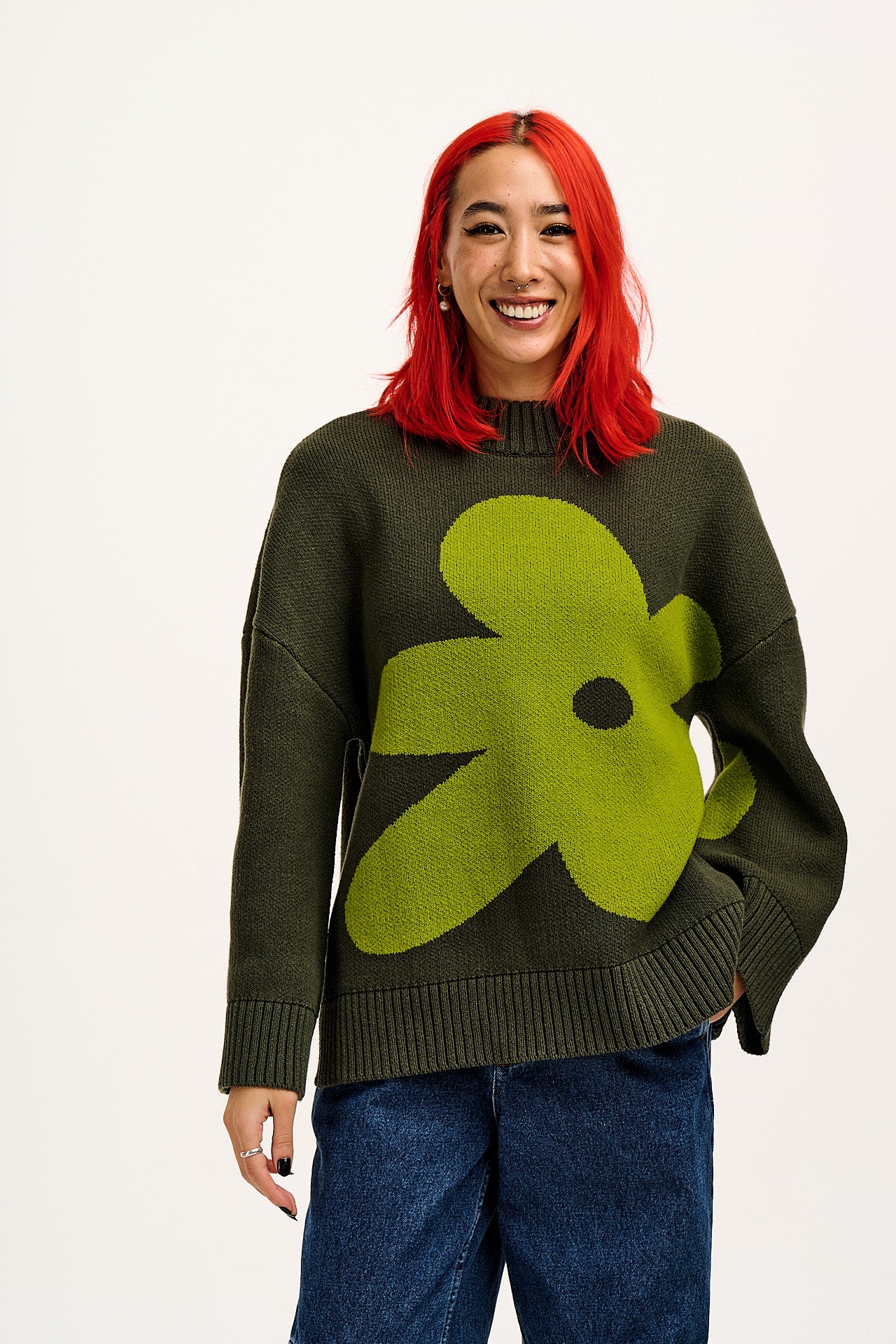 Amari - Oversized Knitted Jumper in Green Melanie Print