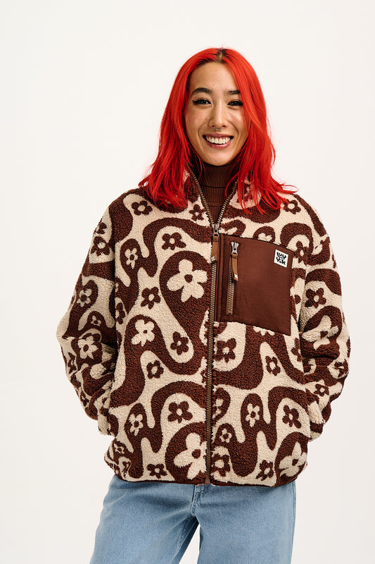 Harper - Borg Fleece Jacket in Brown & Cream Lou Print