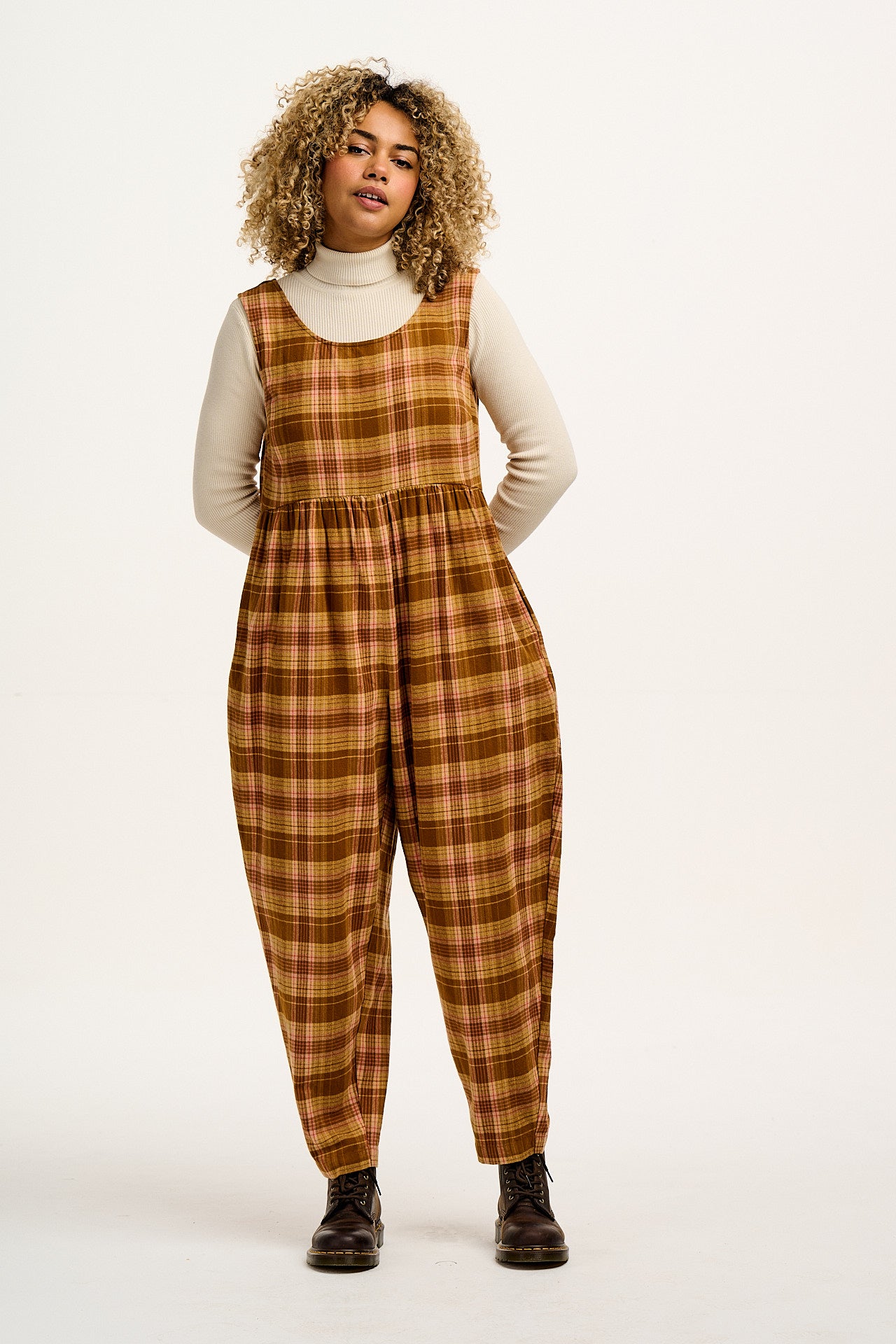 Bowie - Sleeveless Brushed Cotton Jumpsuit in Brown Oakley Tartan