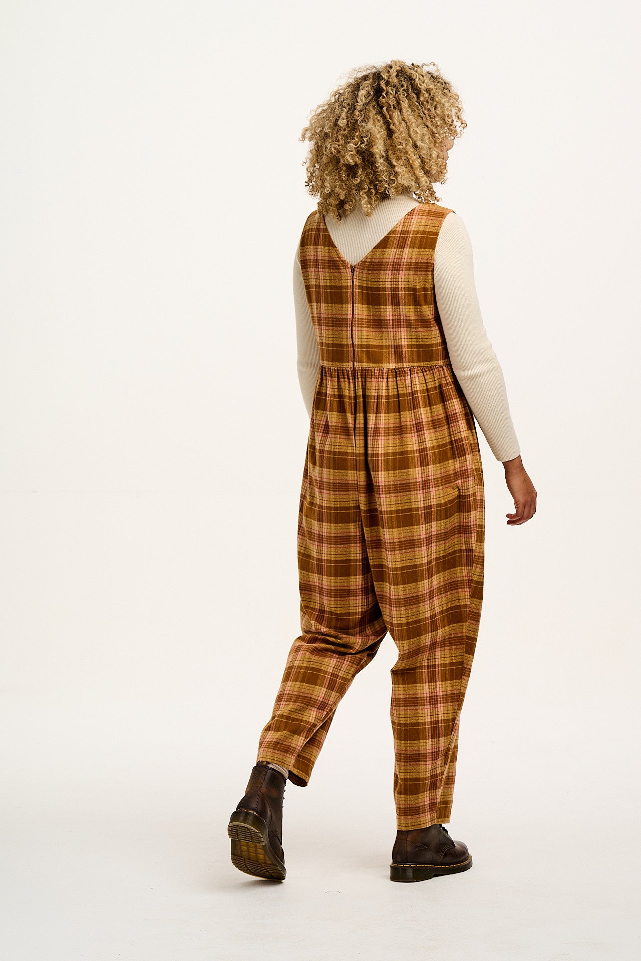 Bowie - Sleeveless Brushed Cotton Jumpsuit in Brown Oakley Tartan