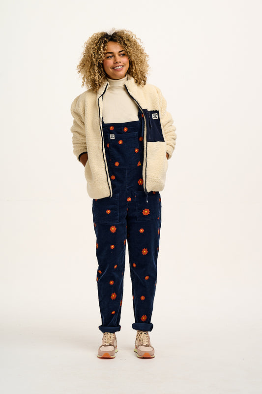 Original - Corduroy Dungarees in Navy with Cassia Embroidery