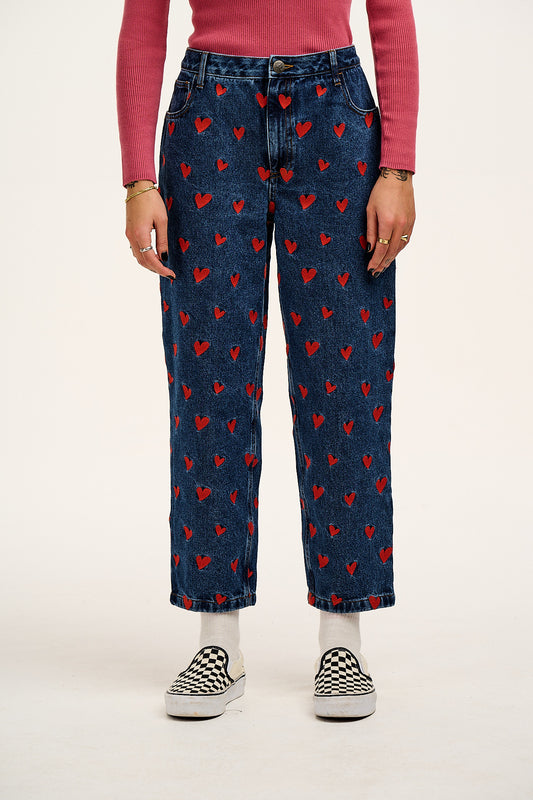 Drew - Straight Leg Denim Jeans in Mid Wash Blue with Cupid Hearts Embroidery