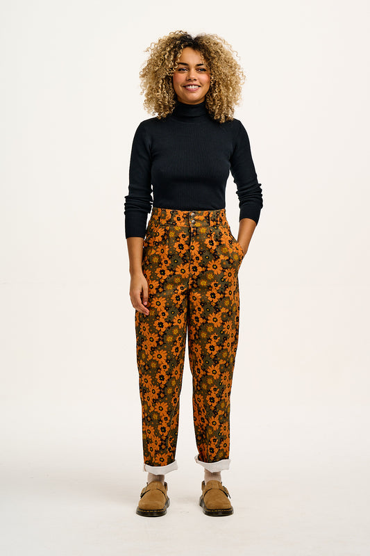 Addison - Tapered Twill Trousers in Orange Fleurs Print