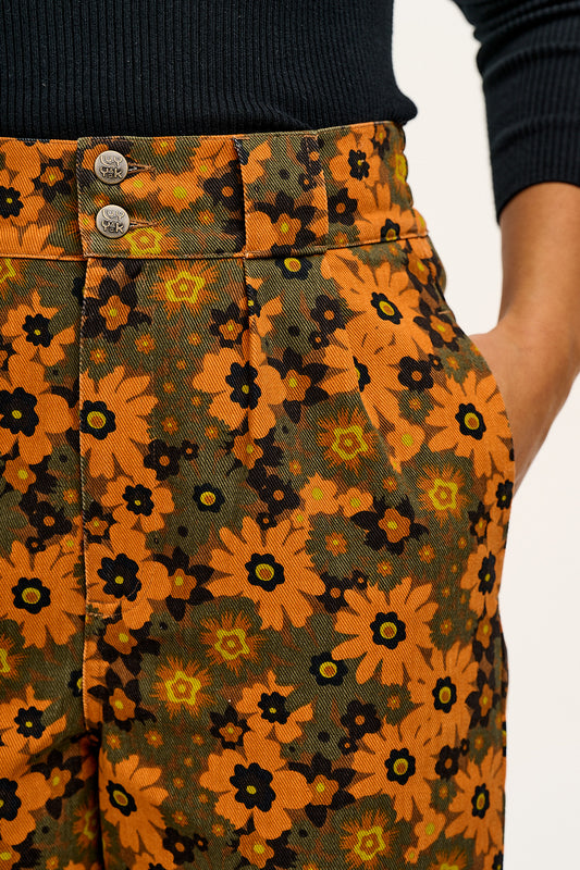 Addison - Tapered Twill Trousers in Orange Fleurs Print