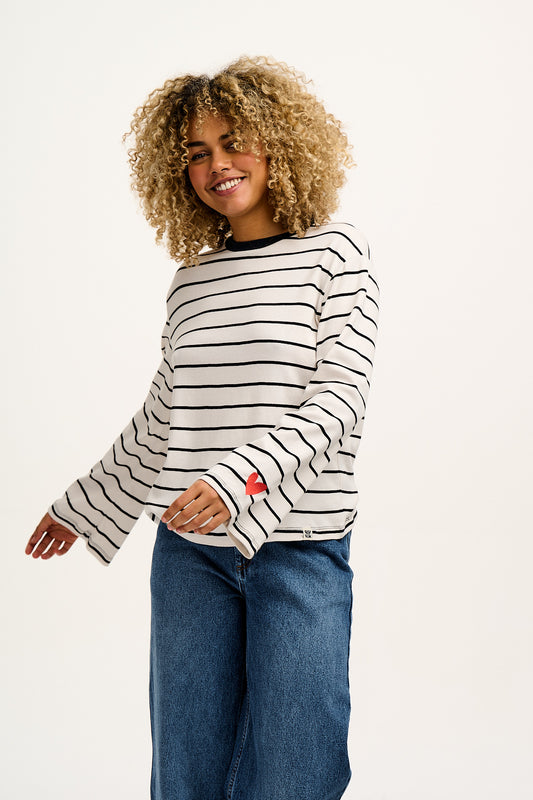 Hermione - Fluted Cotton Top in Black and White Stripe with Cupid Heart Embroidery