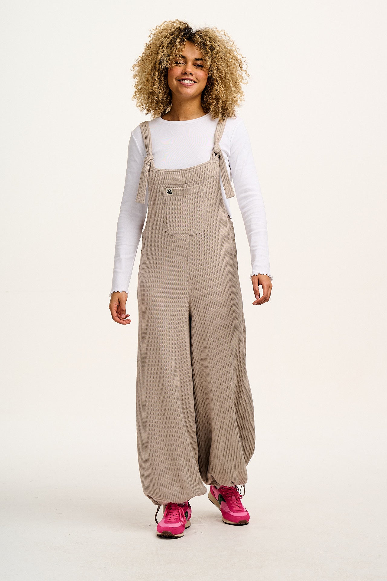 Ali - Slouchy Waffle Cotton Dungarees in Pebble Grey