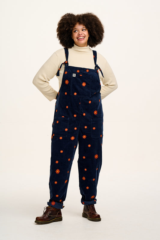 Original - Corduroy Dungarees in Navy with Cassia Embroidery