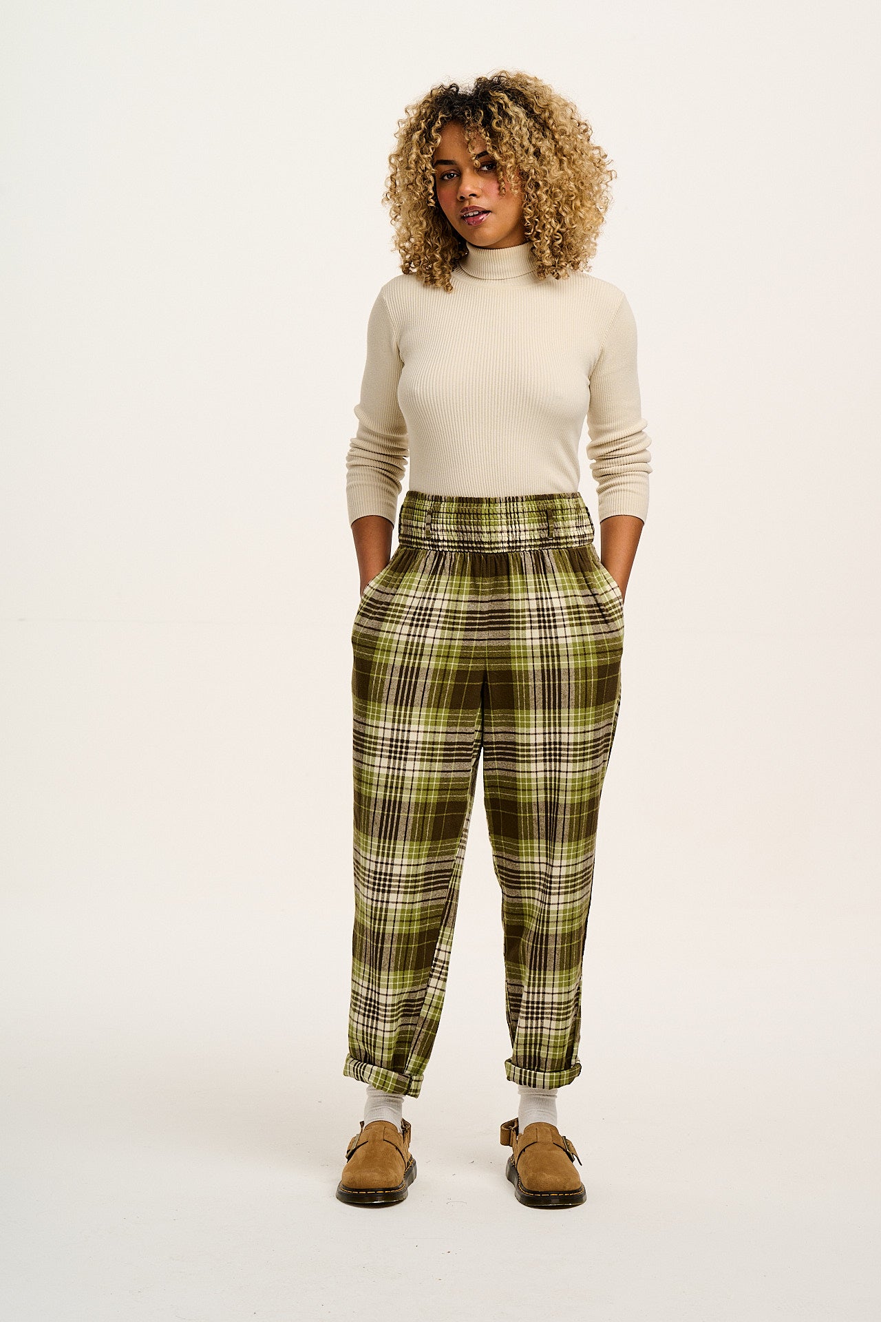 Alexa - Brushed Cotton Trousers in Green Forest Tartan