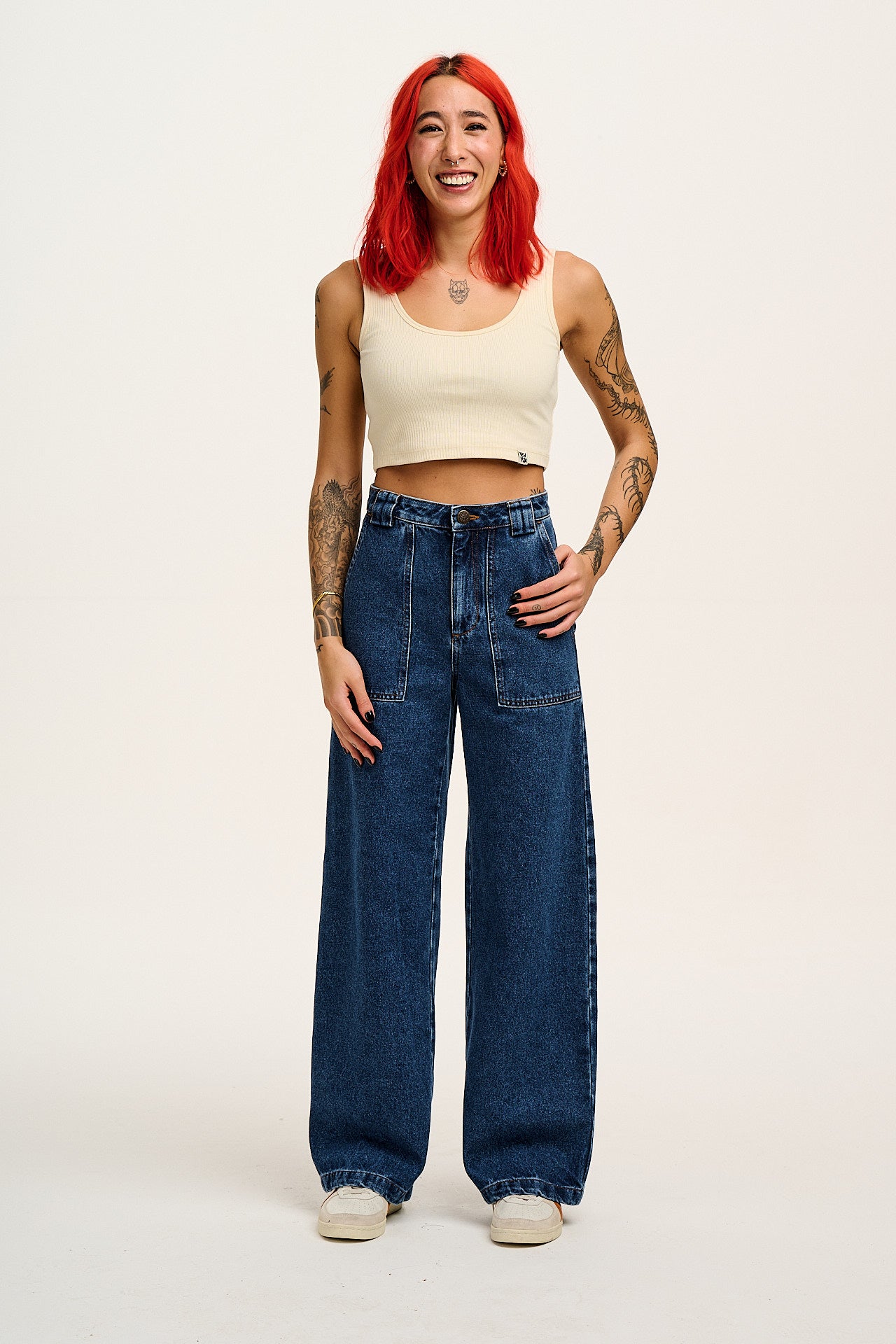 Delores - Wide Leg Denim Jeans in Mid Wash Blue