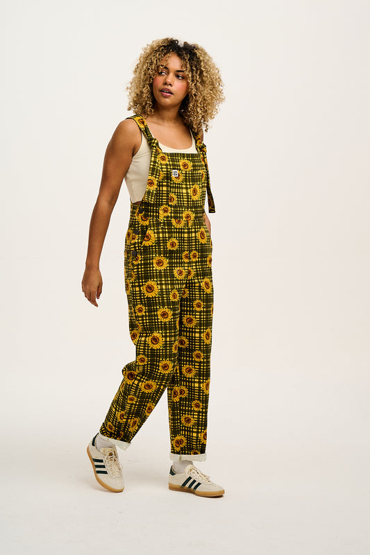 Easton - Twill Dungarees in Green Sunday Sunflowers Print