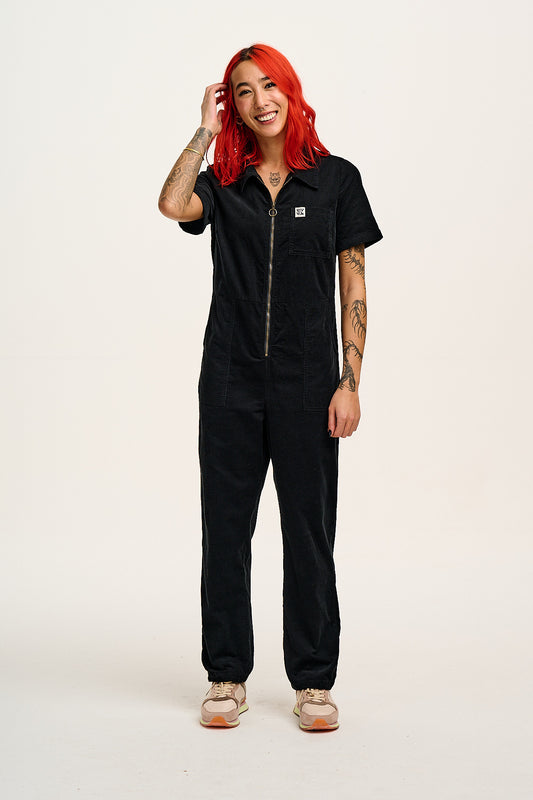 Rex - Short Sleeve Corduroy Jumpsuit in Black