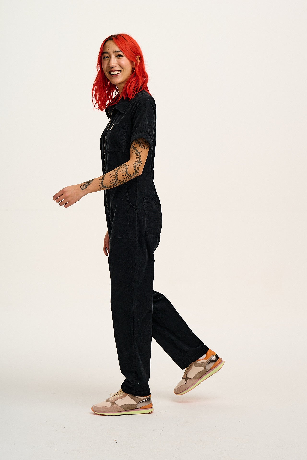 Rex - Short Sleeve Corduroy Jumpsuit in Black