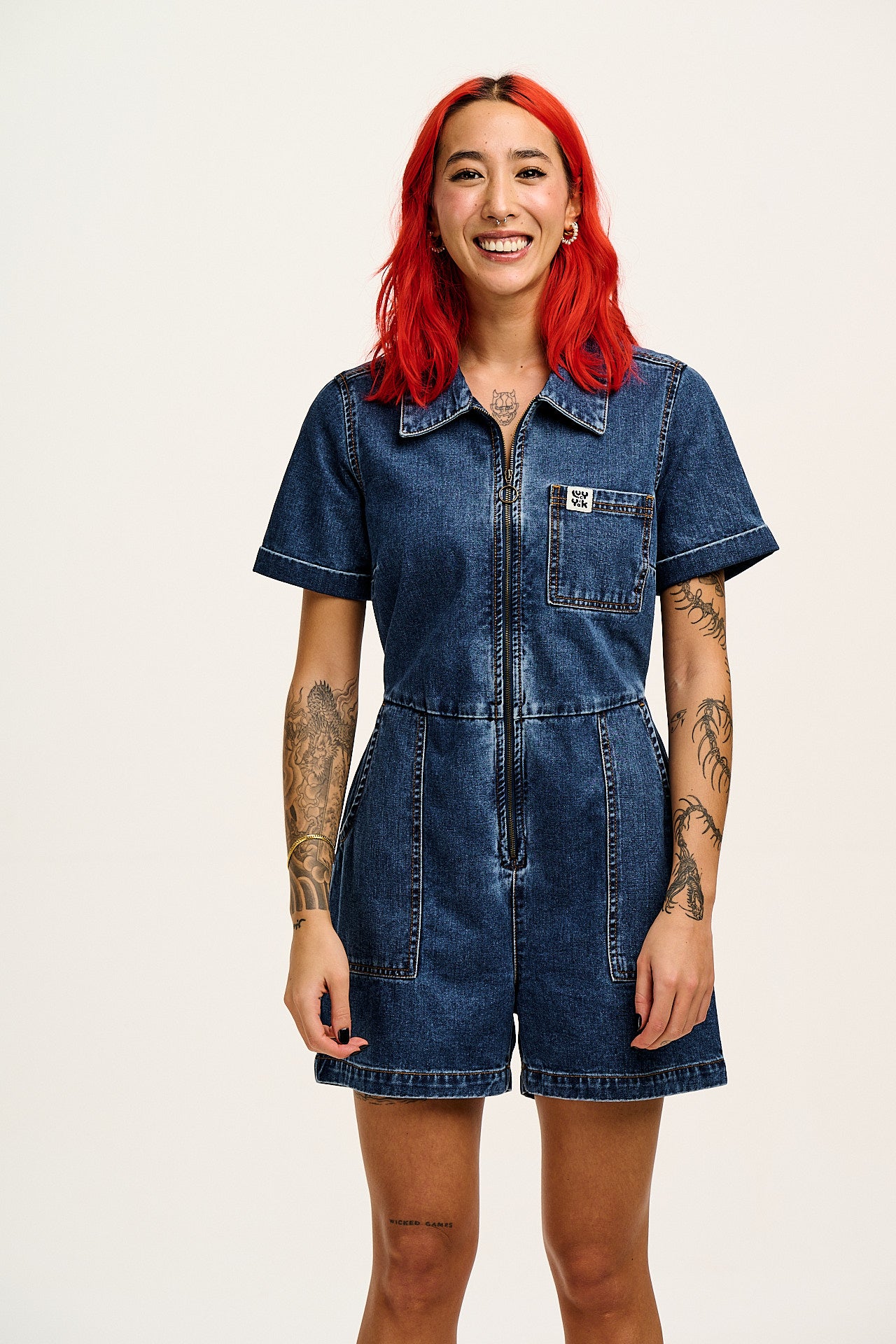 Riley Denim Playsuit Mid Wash
