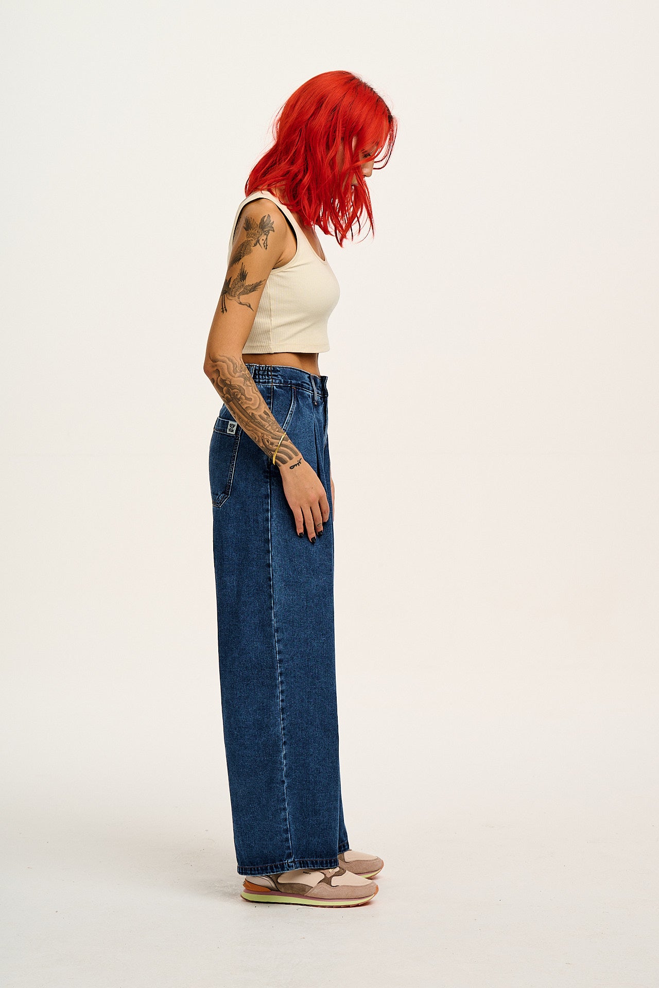 Cole - Baggy Wide Leg Denim Jeans in Mid Wash Blue