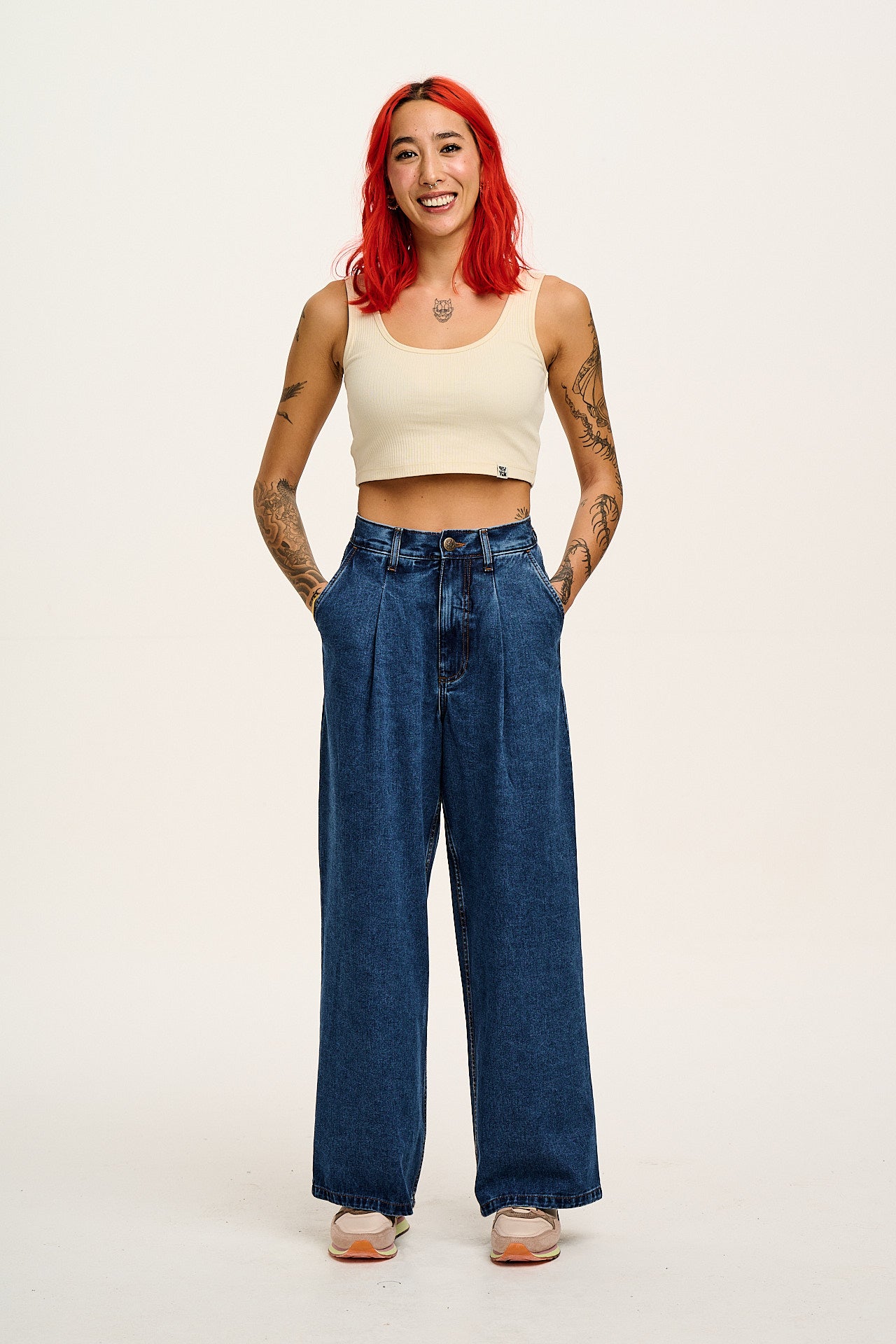 Cole - Baggy Wide Leg Denim Jeans in Mid Wash Blue