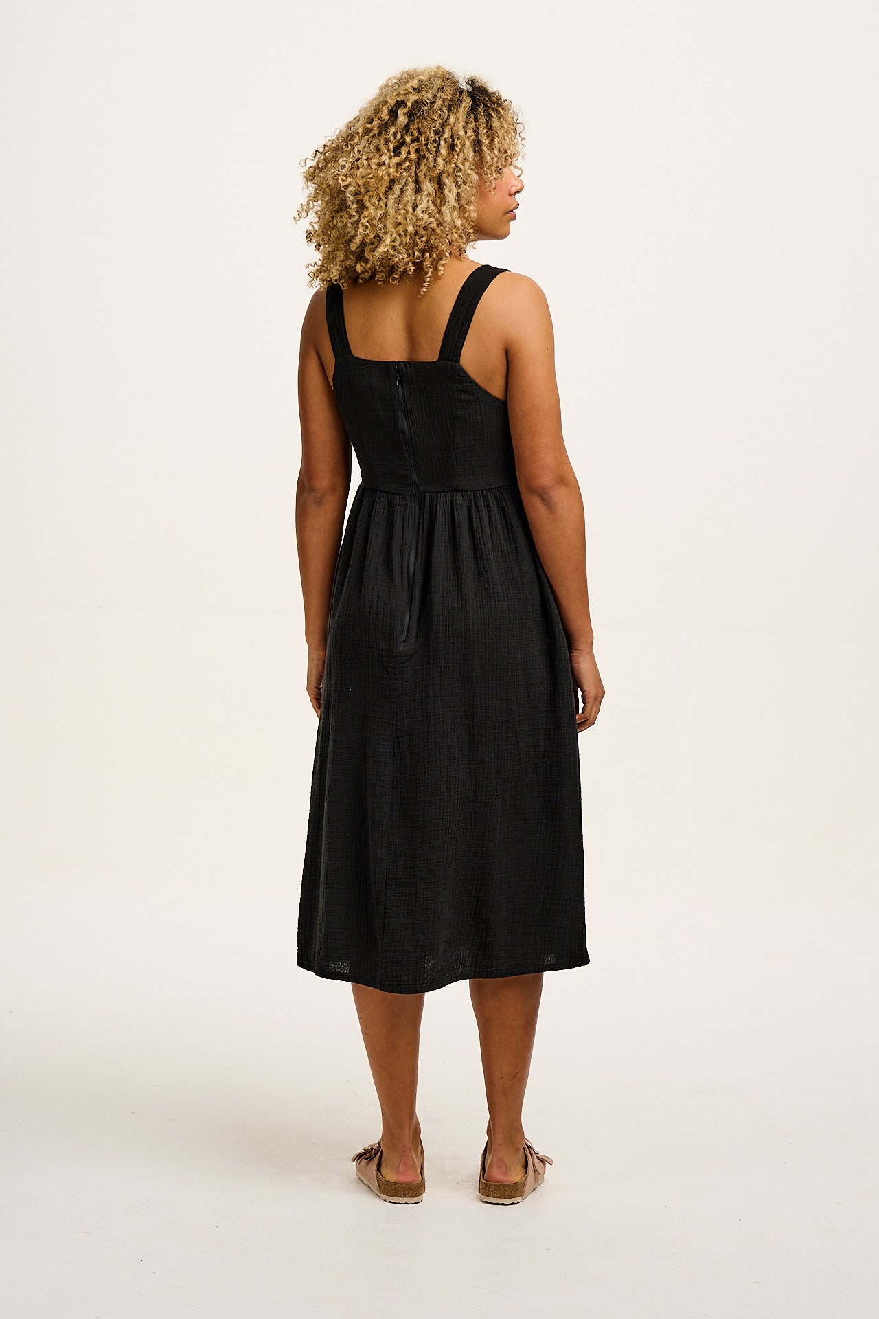 Faye - Midi Cotton Gauze Dress in Black