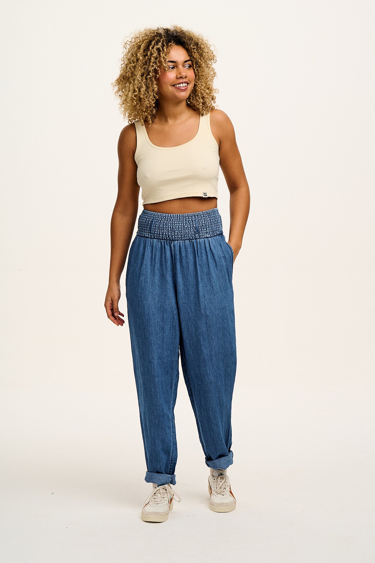 Alexa - Cotton & Hemp Trousers in Mid Wash Blue