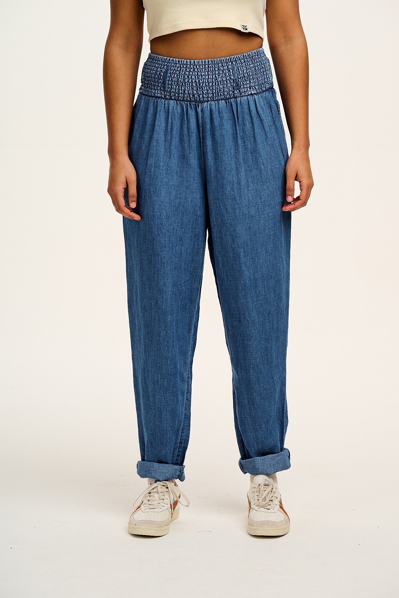 Alexa - Cotton & Hemp Trousers in Mid Wash Blue