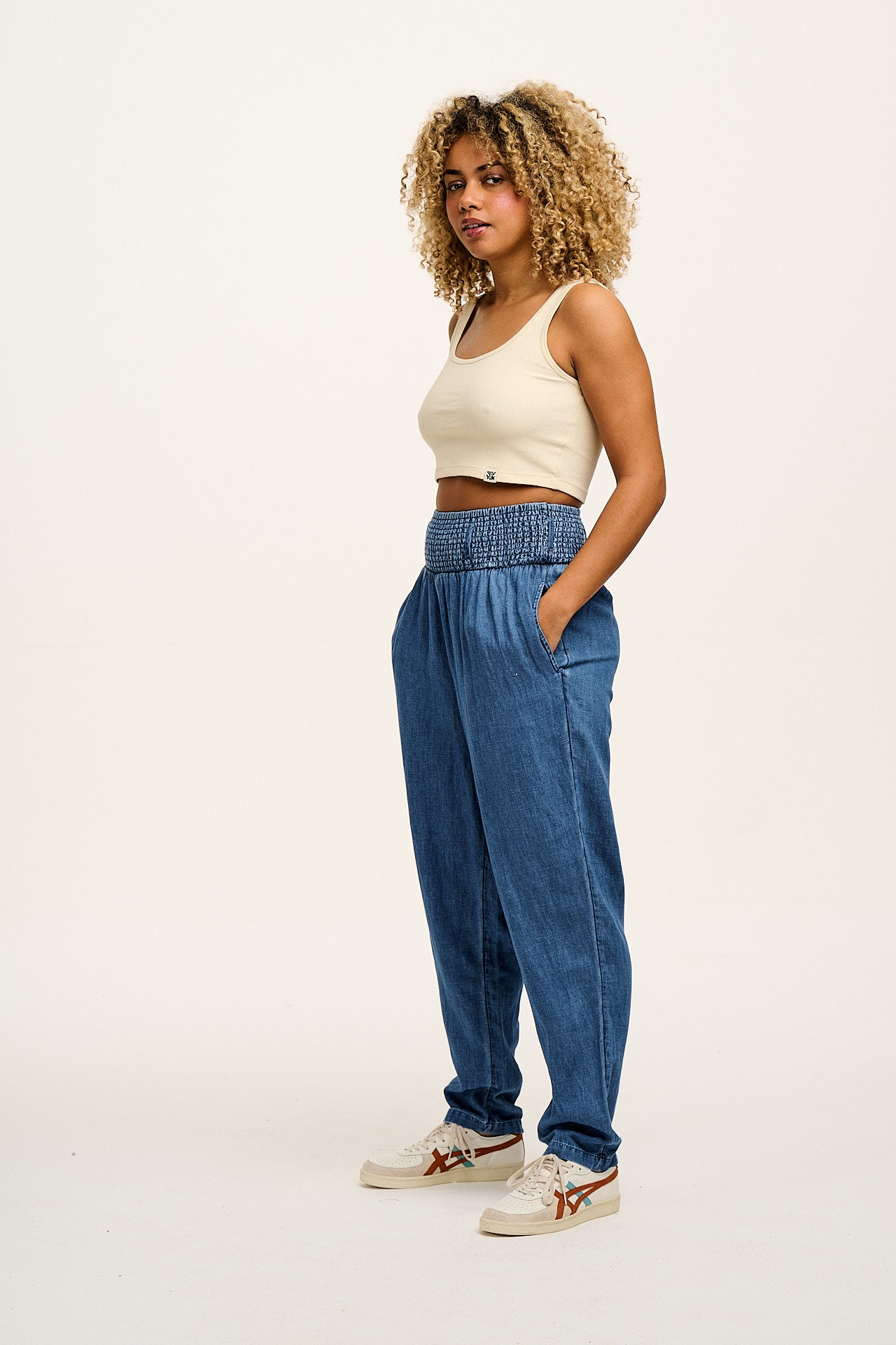 Alexa - Cotton & Hemp Trousers in Mid Wash Blue