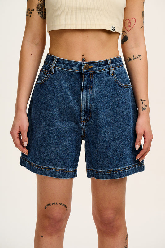 Lexi - High Waist Denim Shorts in Mid Wash Blue