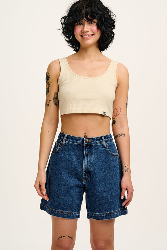 Lexi - High Waist Denim Shorts in Mid Wash Blue