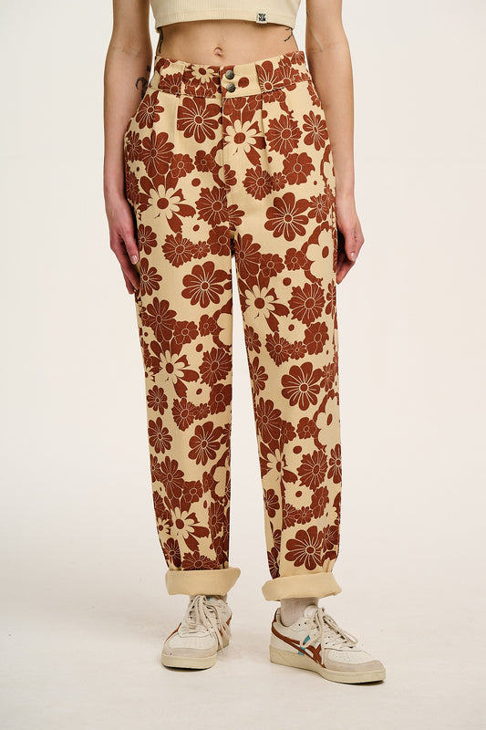 Addison - Tapered Twill Trousers in Cream & Orange Goldie Floral Print