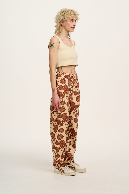 Addison - Tapered Twill Trousers in Cream & Orange Goldie Floral Print