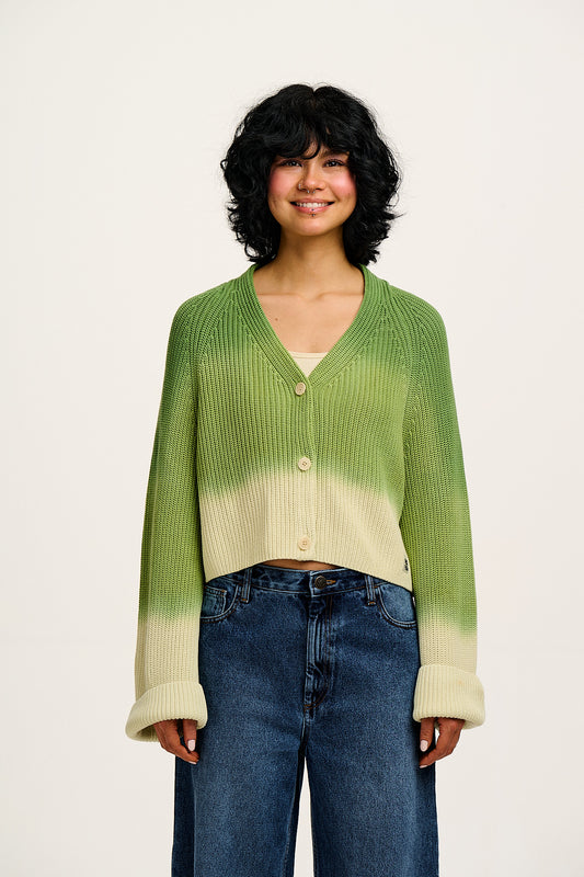 Robyn - V-Neck Cotton Cardigan in Green Cedar Ombre