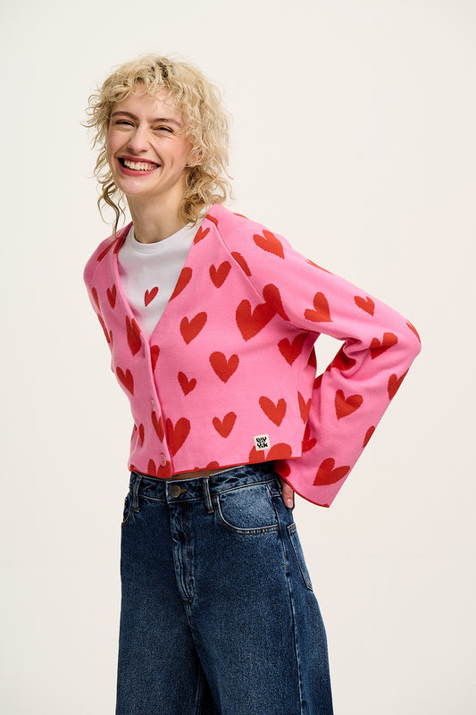 Robyn - V-Neck Knitted Cardigan in Pink Heart Cupid Print