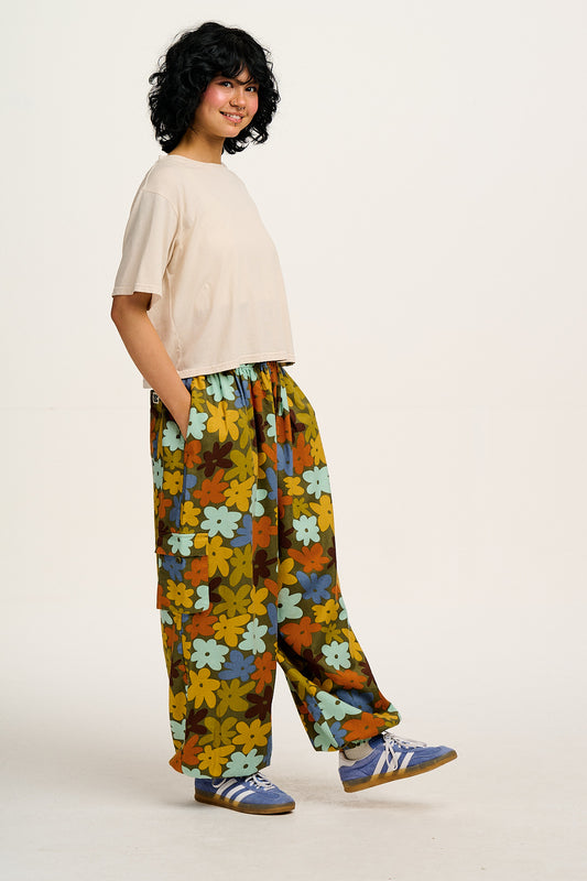 Rumi - Cargo Brushed Cotton Trousers in Bubble Floral Print