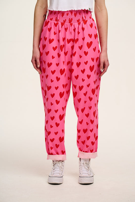 Alexa - Cotton Trousers in Pink Heart Cupid Print