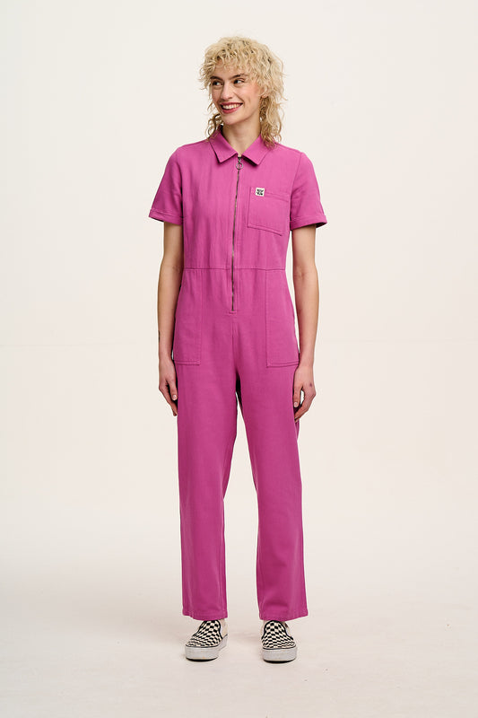 Rex - Short Sleeve Twill Jumpsuit in Dahlia Pink