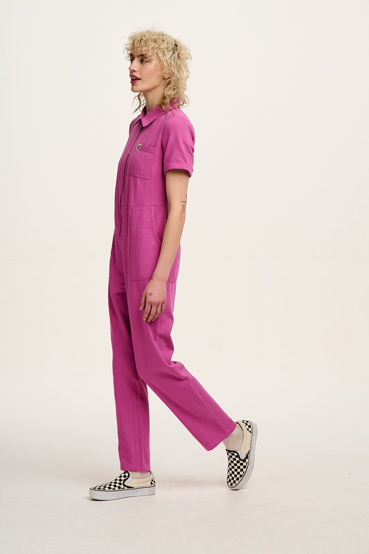 Rex - Short Sleeve Twill Jumpsuit in Dahlia Pink