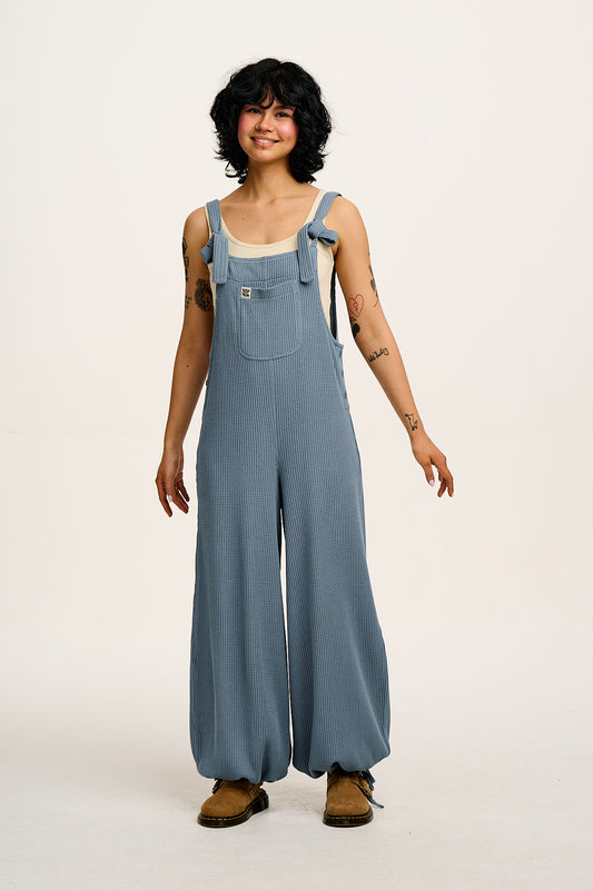 Ali - Baggy Waffle Cotton Dungarees in Blue Mist