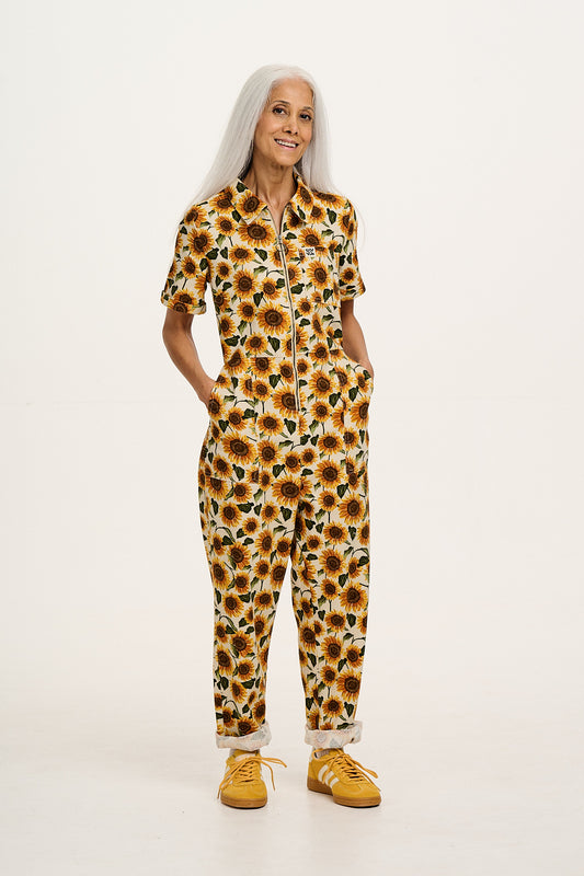 Rex - Short Sleeve Twill Jumpsuit in Cream Sunflower Print