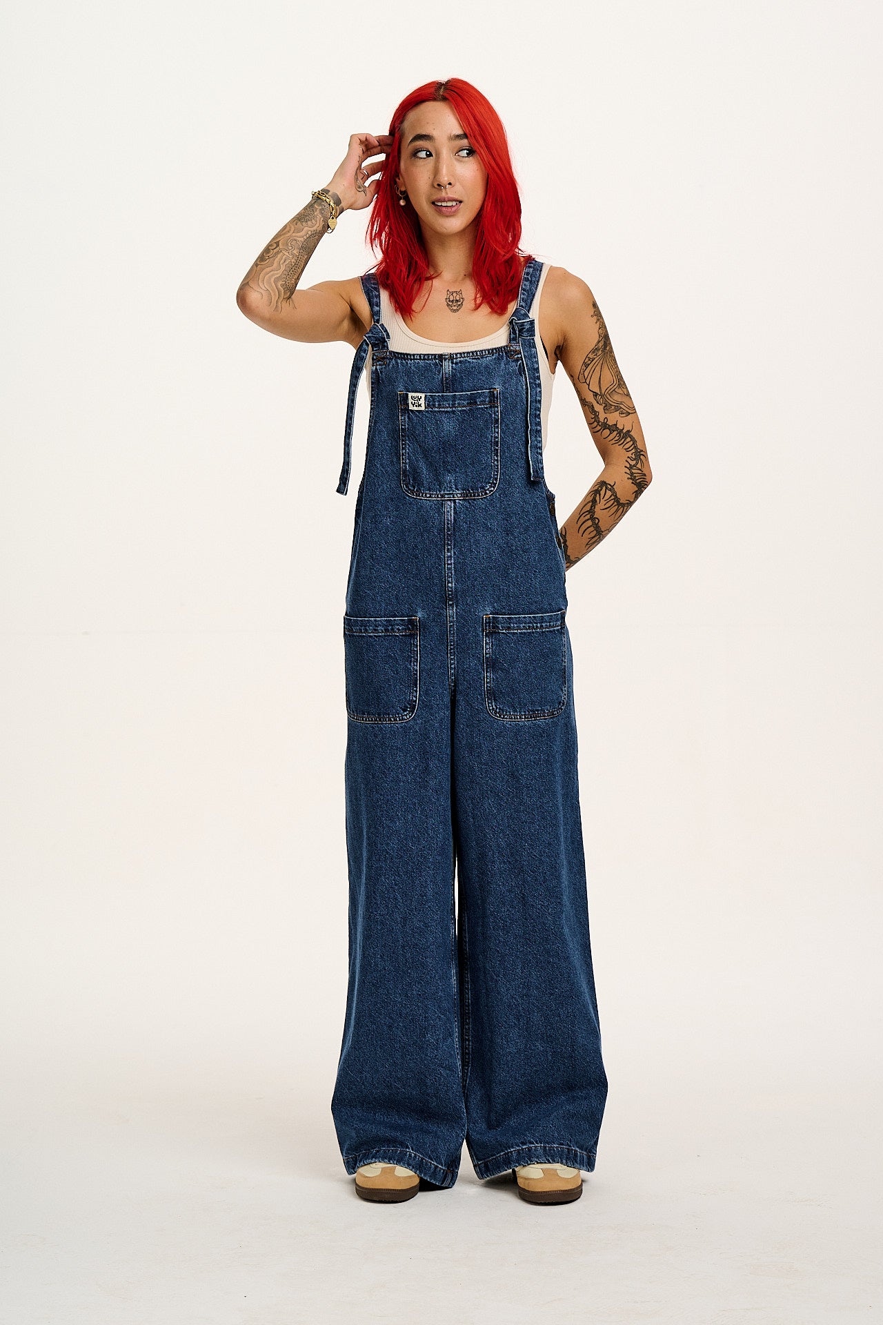 Ali - Wide Leg Denim Dungarees in Mid Wash Blue