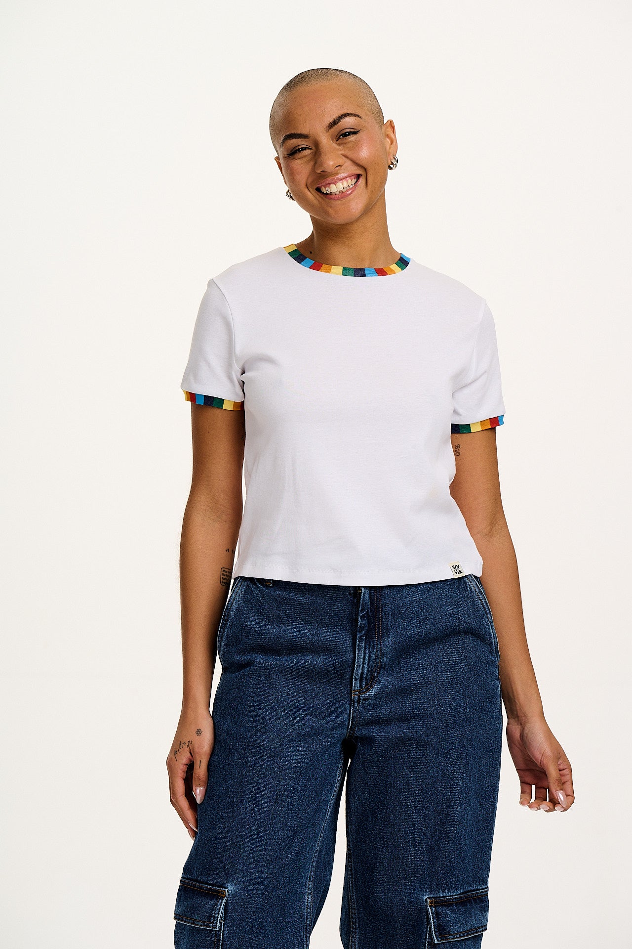 Maya - Cotton Tee in White Rainbow Print