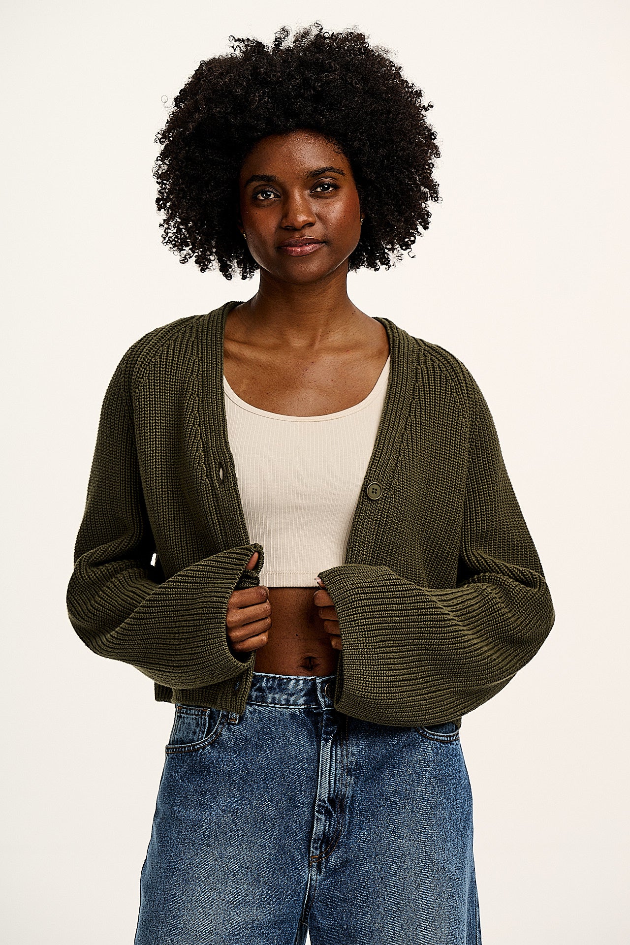 Robyn - V-Neck Cotton Cardigan in Ivy Green