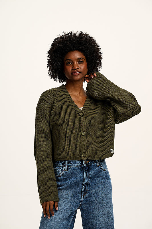 Robyn - V-Neck Cotton Cardigan in Ivy Green