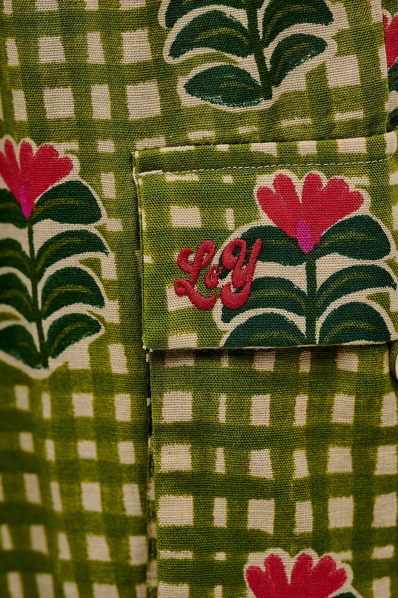 Rumi - Cotton & Linen Barrel Trousers in Blooming Green Checkerboard