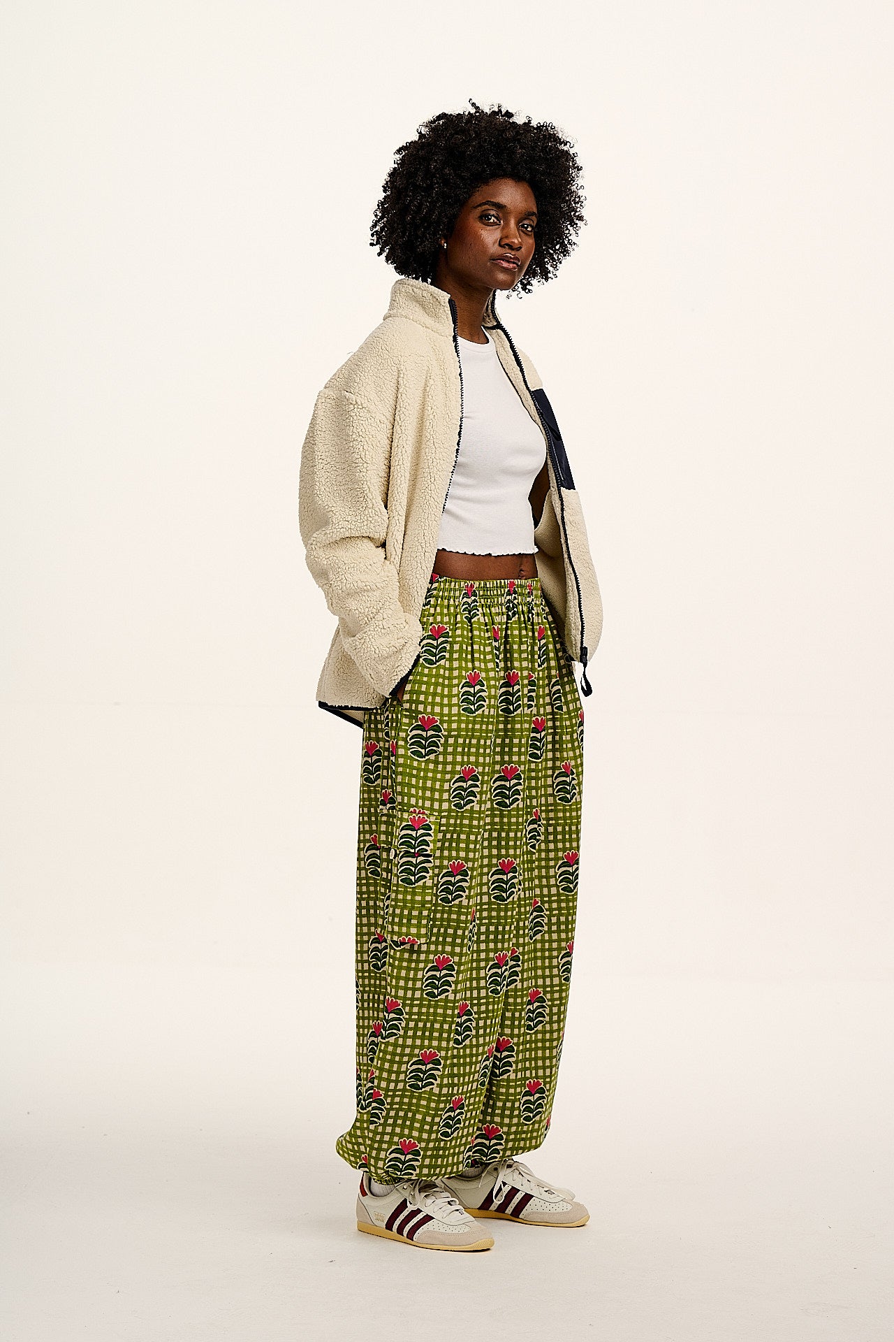 Rumi - Cotton & Linen Barrel Trousers in Blooming Green Checkerboard