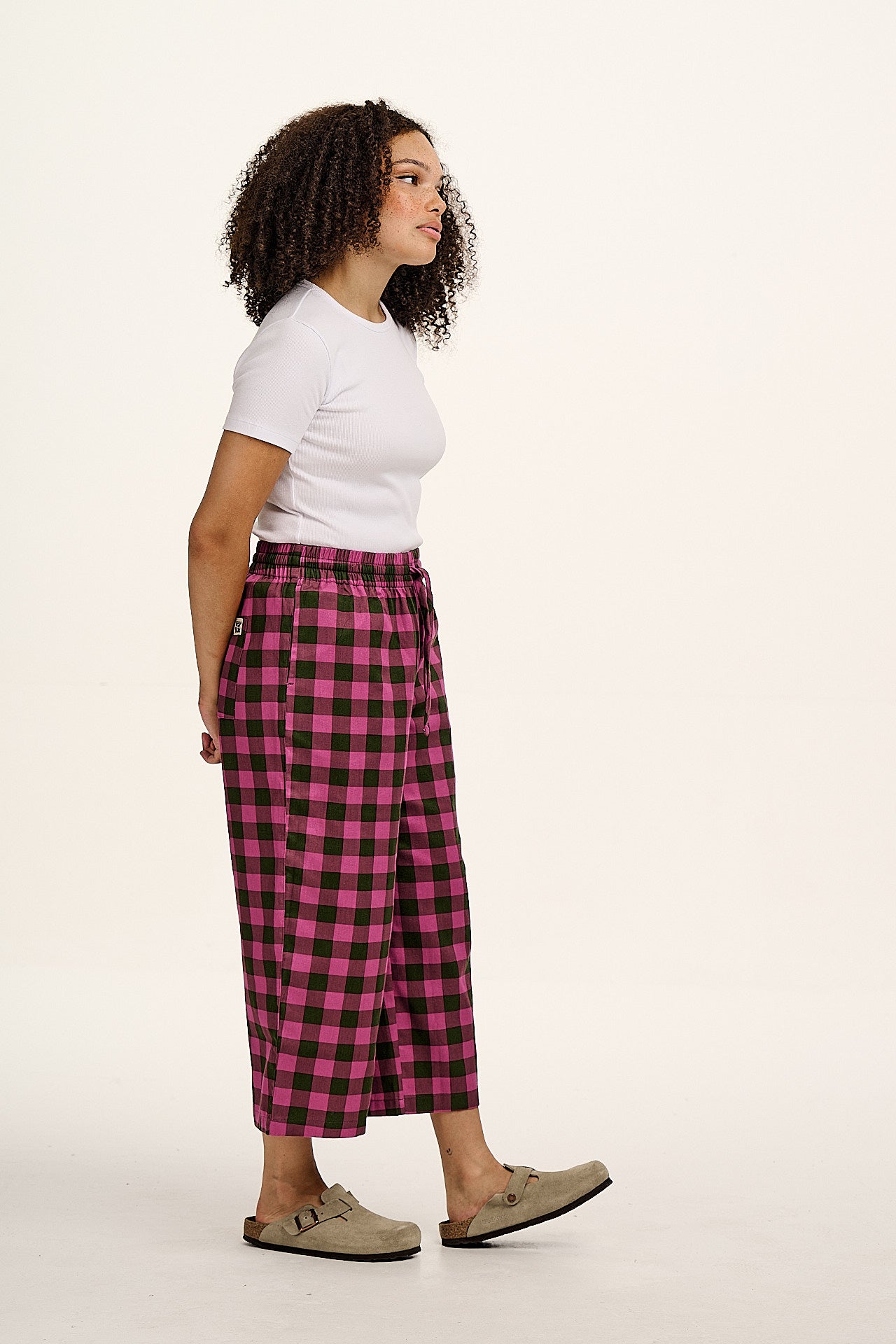 Chuck - Wide Leg Cotton Trousers in Pink and Green Checkerboard