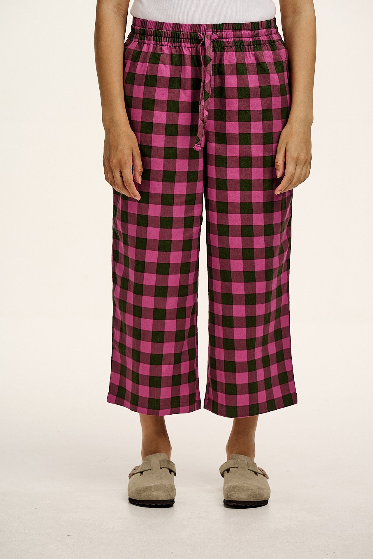Chuck - Wide Leg Cotton Trousers in Pink and Green Checkerboard