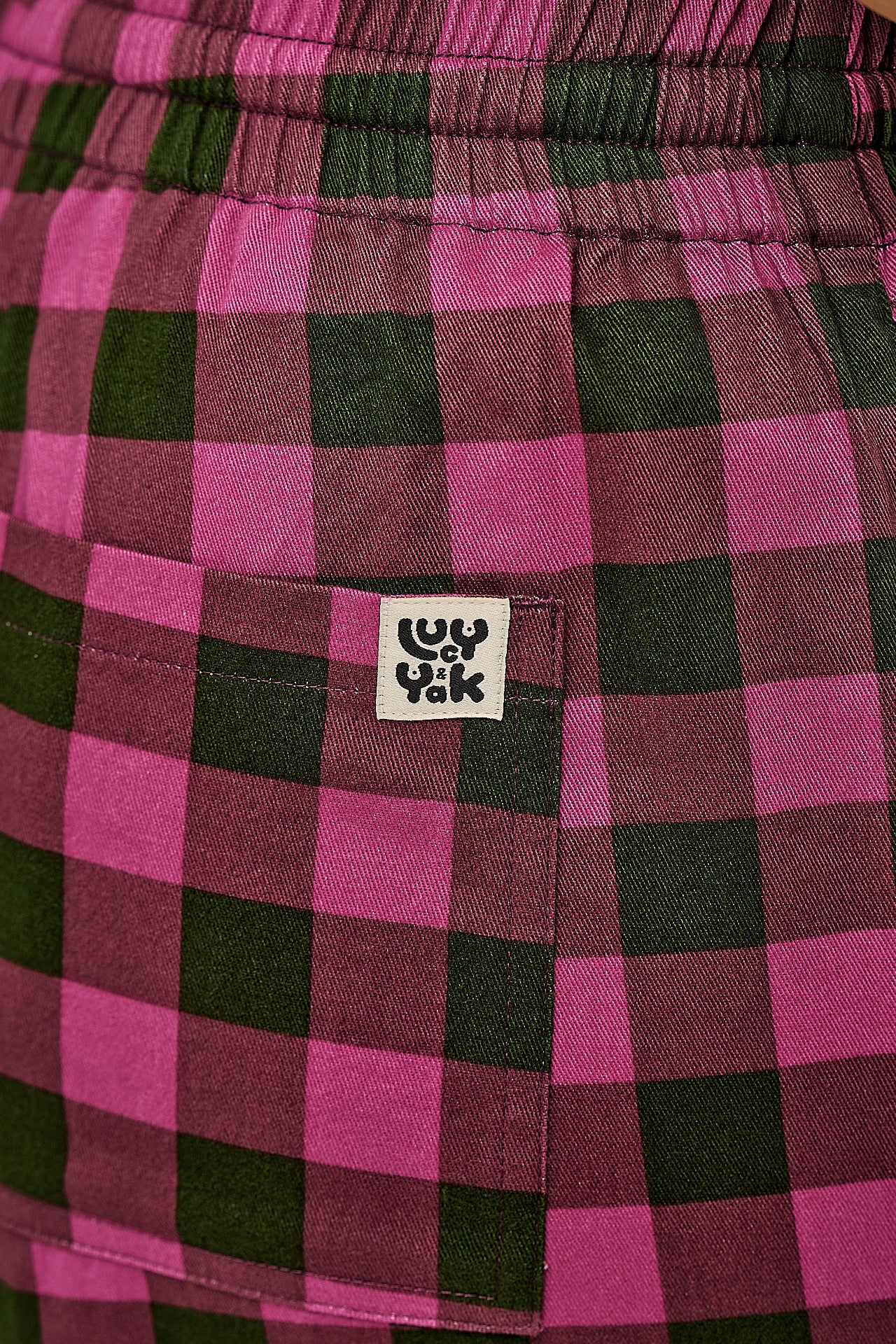 Chuck - Wide Leg Cotton Trousers in Pink and Green Checkerboard