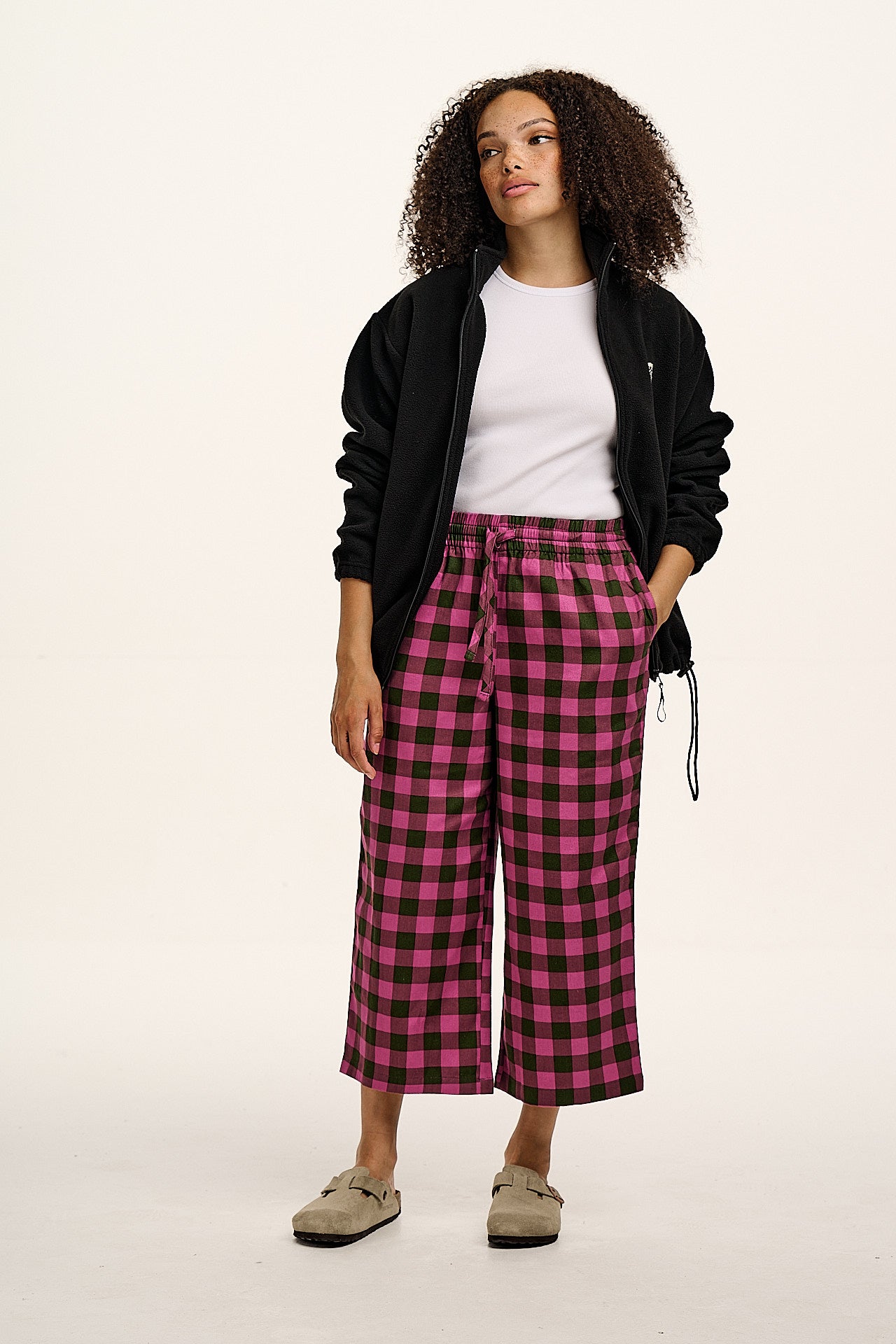 Chuck - Wide Leg Cotton Trousers in Pink and Green Checkerboard