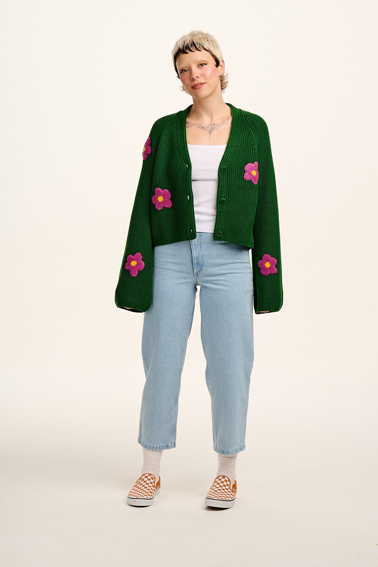 Robyn - V-Neck Cotton Cardigan in Green with Bubble Floral Motif